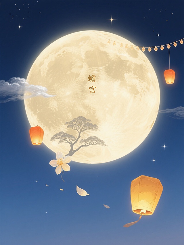 中景构图，一轮巨大的米黄色满月占据画面三分之二空间，月面上清晰可见雨海、静海等月海阴影构成的"蟾宫"轮廓，环形山纹理间点缀着几缕飘渺的银色云霭。月盘边缘垂挂着半串晶莹的孔明灯，暖橙色微光穿透灯罩在月面上投下菱形光斑，近景处几片半透明的桂花花瓣正缓缓飘过，其中一片恰好停留在月海暗纹形成的"桂树"剪影上。背景是渐变的靛蓝夜空，散落着几颗闪烁的星辰，右下角有一盏刚放飞的孔明灯正带着暖黄光晕缓缓升起，整体色调保持米黄与靛蓝的和谐对比，光线柔和如丝绸般包裹着整个画面，营造出静谧神圣又带着淡淡思念的中秋夜氛围。