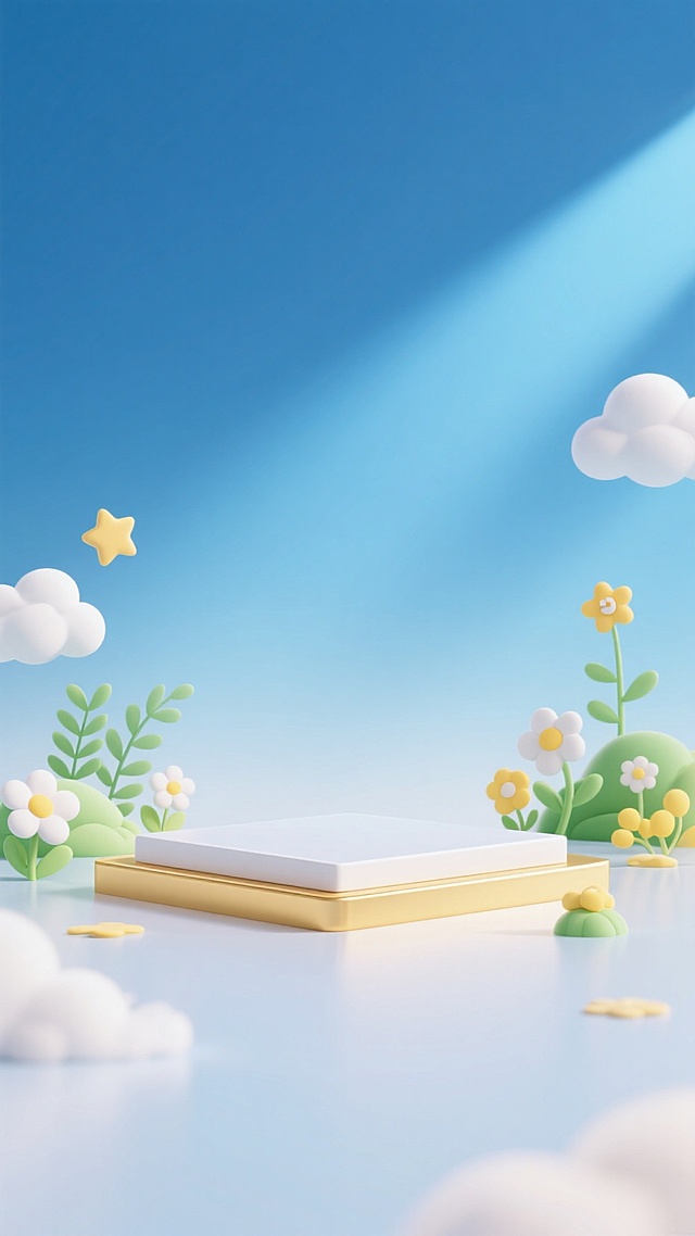 清新软3D风设计，蓝天白云与花朵点缀，简约舞台展现自然之美。