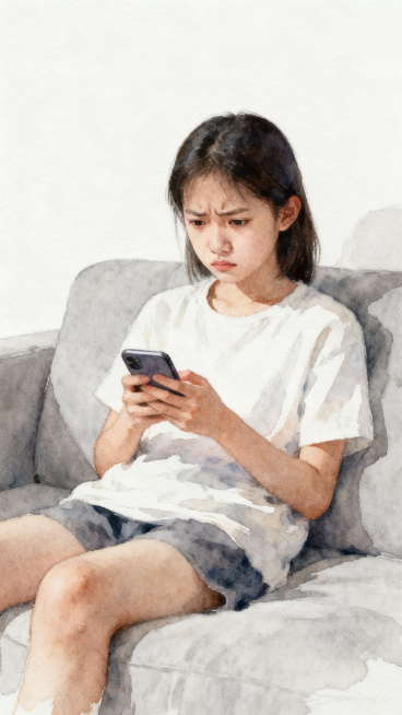 水彩风格，画面简洁高级，女孩坐在沙发上拿着手机，神情犹豫纠结，氛围安静细腻预览效果