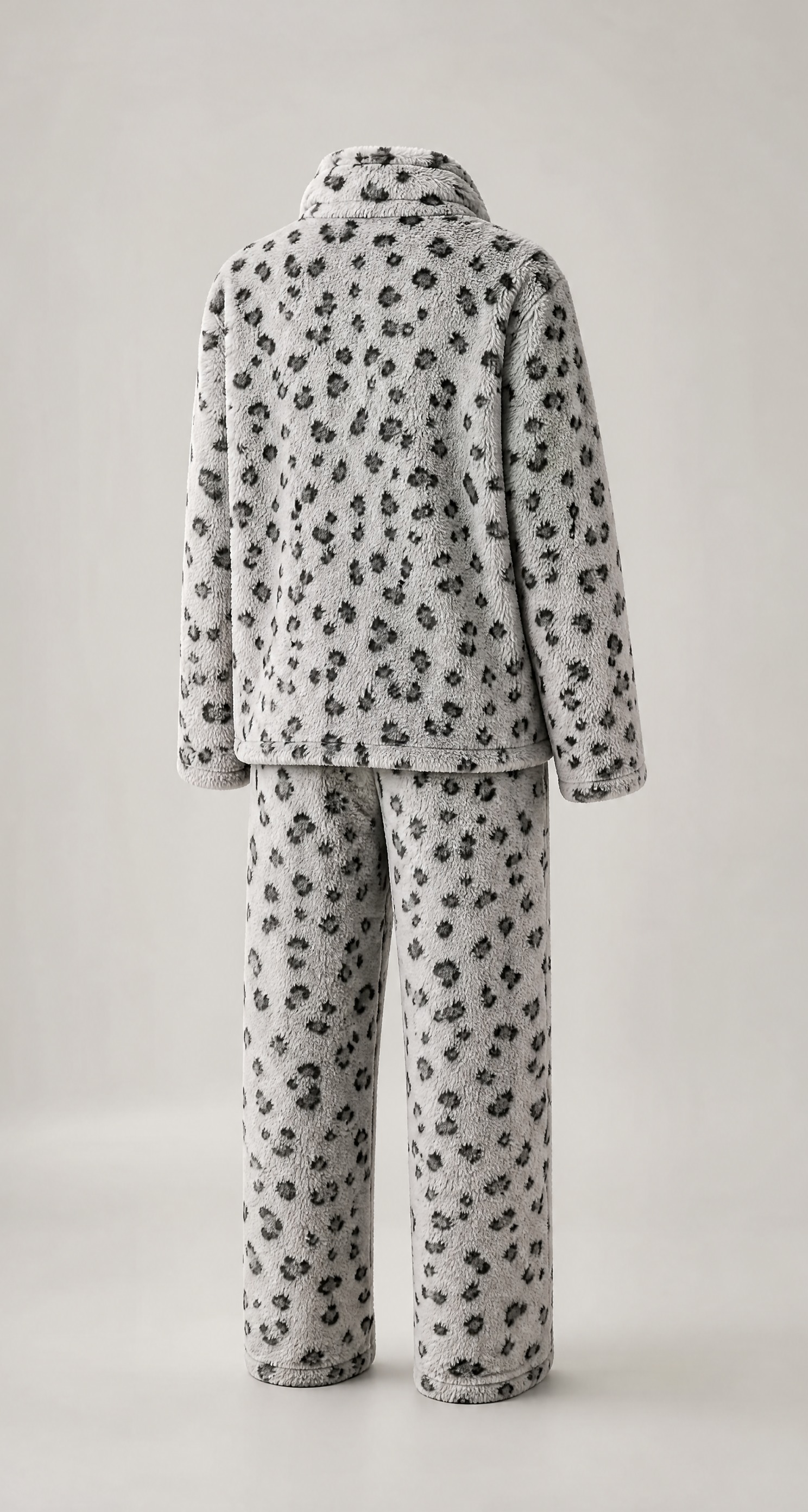 灰色豹纹法兰绒立领拉链家居服套装，详情页背面展示，宽750高1… - 图片创意预览