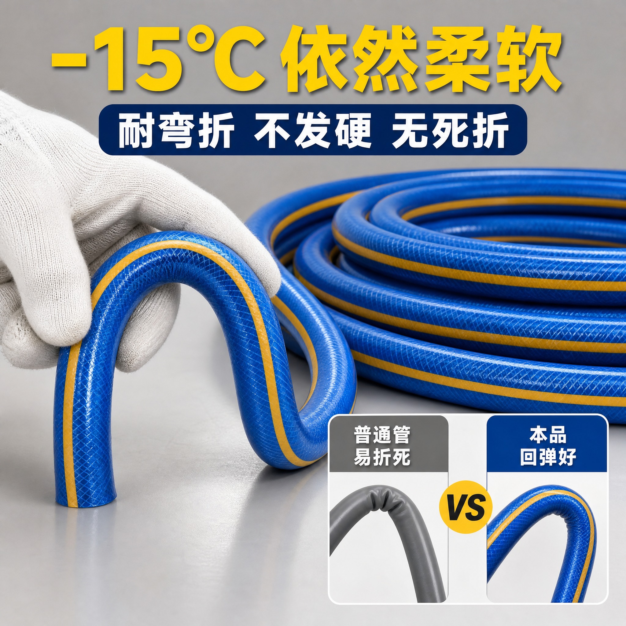 PVC软管柔韧性展示细节图 工业风 [画面] 主体为蓝色带黄线… - 图片创意预览