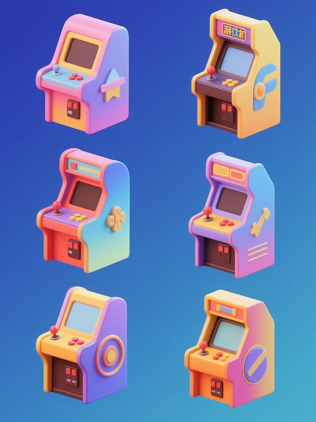 一套6个完全不同造型的游戏机元素内容的系列素材集合，保持3D立体风格，采用渐变色彩，高光和阴影细节丰富，平滑的数字艺术质感，纯色背景，画面整体色彩变换，规整排布，每个游戏机都具有独特的设计和形态，保留游戏机的核心元素特征，呈现出欢快明亮的氛围，视觉层级清晰，信息传达高效，符合游戏爱好者的审美和宣传目的，设计感十足。
