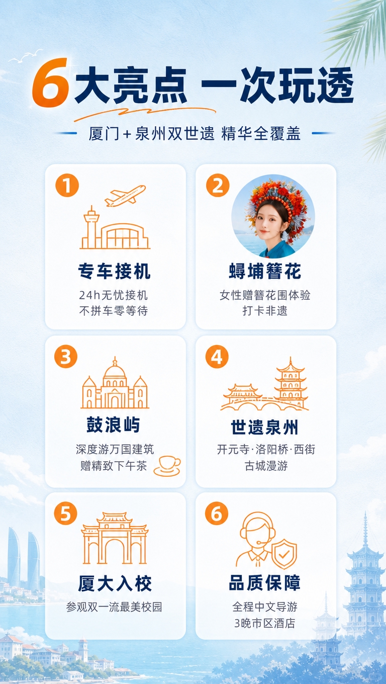 [商品] 旅游线路产品：厦门+泉州4日3晚跟团游；使用【图1】… - 图片创意预览