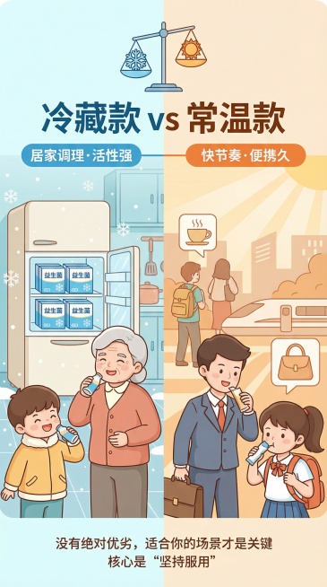 扁平风格插画，左右对比鲜明的生活场景。左侧“冷藏款”区域：冷色调（蓝色、白色），温馨家庭厨房背景，有雪花装饰，冰箱里整齐摆放着益生菌盒子，老人和小孩轻松饮用，小标题“居家调理·活性强”；右侧“常温款”预览效果