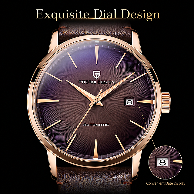 [第3屏] 表盘细节功能展示-Pagani Men's Watch dial detail page. 本屏使用【图1】作为商品主体参考，突出表盘设计和功能。
[氛围/风格] 微距特写商业摄影，清晰锐利质感，突出表盘工艺细节。
[元素布局] 表盘占据画面中心约75%区域，完整展示渐变放射纹理、玫瑰金刻度指针、品牌logo、automatic文字和日期窗口，保持所有原有设计元素和颜色不变，背景为深黑色哑光背景，四周留白突出表盘主体，在右下角用小区域标注日期显示功能。
[光影质感] 中心布光，光线均匀照亮整个表盘，突出放射纹纹理立体感，指针和刻度边缘有清晰高光，玻璃表镜有自然反光，通透真实。
[配色色系] 全局底色：#000000（纯黑）；主体保留原表盘渐变紫棕+玫瑰金色调，标注文字为浅金色。
[视角构图] 正面微距特写，表盘满屏中心构图，聚焦表盘细节，景深较浅背景虚化突出主体。
[文字版式] 顶部标题 "Exquisite Dial Design"，右下角小标注 "Convenient Date Display"，文字简洁，不遮挡核心表盘区域，全英文无中文字符。
[比例分辨率] 1:1 方形比例，4K分辨率，细节清晰。
[负向提示词] 表盘变形，文字模糊，颜色失真，多余装饰，中文字符，水印。