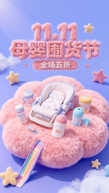 放大的物品悬浮或摆放在巨大的3D粉色毛绒云朵上，背景大字标题“11.11 母婴囤货节”毛绒艺术大字位于画面上方，毛绒小字标签“全场五折”位于标题下方，毛绒可爱元素装饰（星星、彩虹滑梯），轻微俯视镜头，预览效果