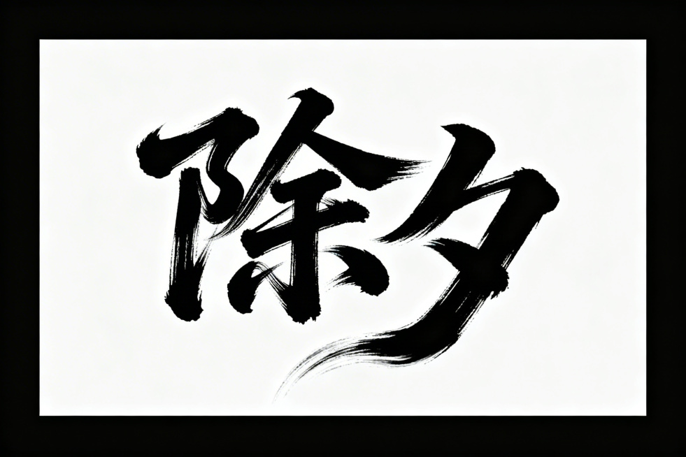书法字体海报，“除夕”两个字以狂野奔放的草书呈现，视觉张力强，富有动感，超粗笔画流畅飘逸，笔画巧妙延长变形，带有飞白效果，笔画流畅潇洒，干净背景，整体风格如同大师海报作品和电影海报预览效果