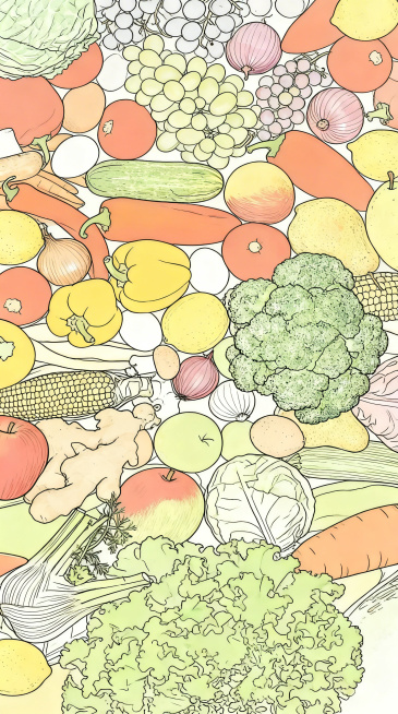 将这张蔬菜水果照片转换为素描风格，保留所有食材的轮廓和细节，线条清晰有质感预览效果