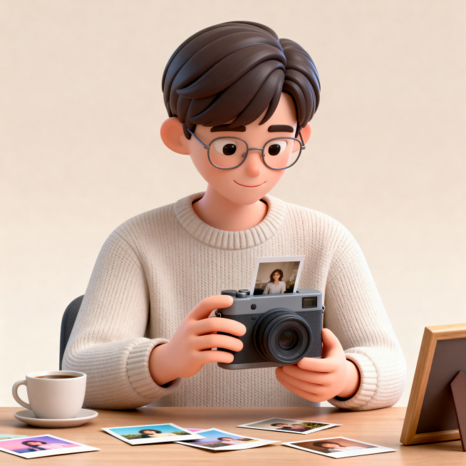 温和理性的年轻中性形象人物，短发整齐，戴着简约眼镜，穿着素色针织衫，坐在书桌前。手里拿着老式拍立得相机，端详刚刚打印出的照片，桌面散落着几张其他照片。人物微微低头，嘴角带着淡淡微笑，旁边放着一杯咖啡和预览效果