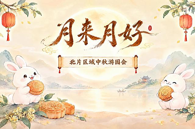 将画面中的“月来月好”四个大字更换为更具古典韵味的书法字体，笔画更飘逸流畅，保持棕色水墨质感，其余画面元素、构图、色彩和文字内容完全不变