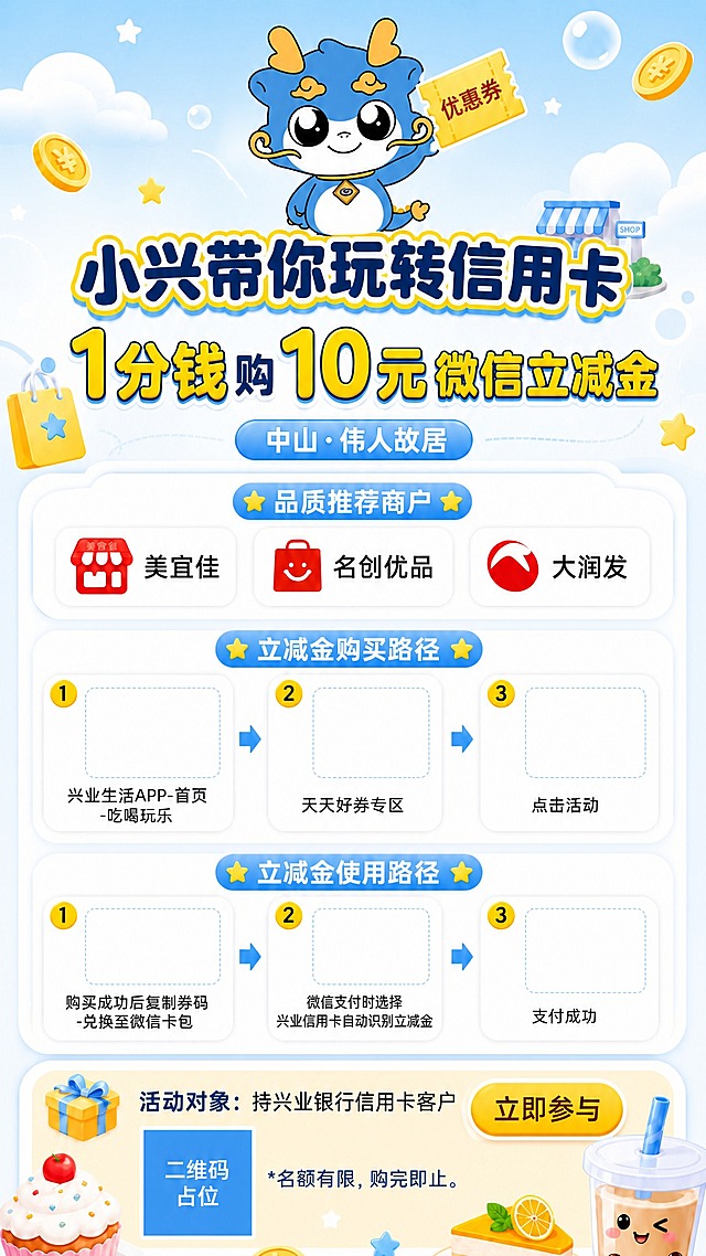 基于【图1】这张活动海报进行局部替换：保持整体版式、配色、文案、空白截图位结构完全不变，仅把海报顶部原来的卡通龙形象替换为【图2】的蓝色小龙IP。

【图2】蓝色小龙IP必须完整保留原样：透明背景、蓝白配色身体、橙黄色龙角/胡须/脚掌、胸前橙色菱形徽章、正面站立、大眼睛微笑、Q版可爱造型，姿态、配色、细节不得改动或重新设计；将这只蓝色小龙放置在海报顶部主视觉区中央偏上的位置，替代原来的卡通龙，让小龙自然融入浅蓝白云背景，可配合保持其手持黄色优惠券的展示感，但不能改变小龙自身造型。

海报其他内容全部保持：顶部主标题「小兴带你玩转信用卡」、副标题「1分钱购10元微信立减金」、标签「中山·伟人故居」；「品质推荐商户」三个标签「美宜佳」「名创优品」「大润发」；「立减金购买路径」三步空白截图位+下方文字「兴业生活APP-首页-吃喝玩乐」「天天好券专区」「点击活动」；「立减金使用路径」三步空白截图位+下方文字「购买成功后复制券码-兑换至微信卡包」「微信支付时选择兴业信用卡自动识别立减金」「支付成功」；底部「活动对象：持兴业银行信用卡客户」「*名额有限，购完即止。」「立即参与」按钮和“二维码占位”方块。

画面中所有文字必须清晰可读，必须完整呈现以下文字信息：「小兴带你玩转信用卡」「1分钱购10元微信立减金」「中山·伟人故居」「品质推荐商户」「美宜佳」「名创优品」「大润发」「立减金购买路径」「兴业生活APP-首页-吃喝玩乐」「天天好券专区」「点击活动」「立减金使用路径」「购买成功后复制券码-兑换至微信卡包」「微信支付时选择兴业信用卡自动识别立减金」「支付成功」「活动对象：持兴业银行信用卡客户」「名额有限，购完即止」「立即参与」。画面中所有数字必须精确渲染：“1分钱”“10元”不得错位、遗漏或编造。画面中所有二维码区域使用纯色方块占位符呈现，方块中央标注“二维码占位”文字，严禁生成任何可识别的二维码图案。除用户指定的步骤空白图片占位框外，画面中其他信息区域、横幅必须填充完整合理的内容，不得出现空白框、空白占位、横线待填写区域、空列表项、空单元格，确保是完整可用的成品海报。