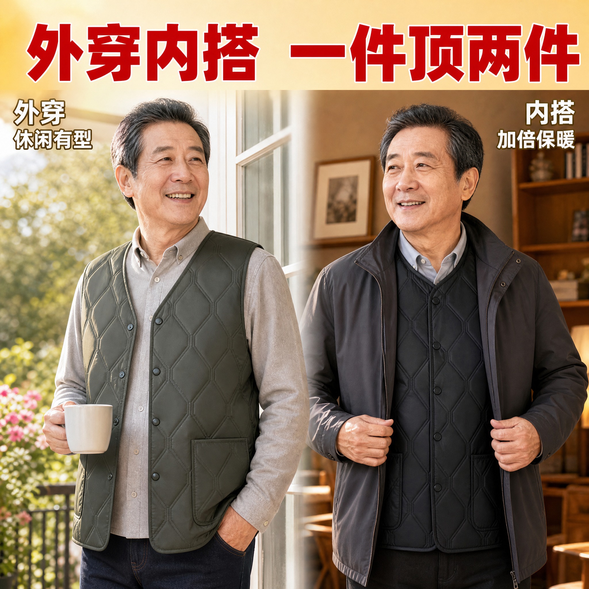 [主图-6] 马甲外穿内搭场景对比图，展示一衣多穿的实用性。… - 图片创意预览
