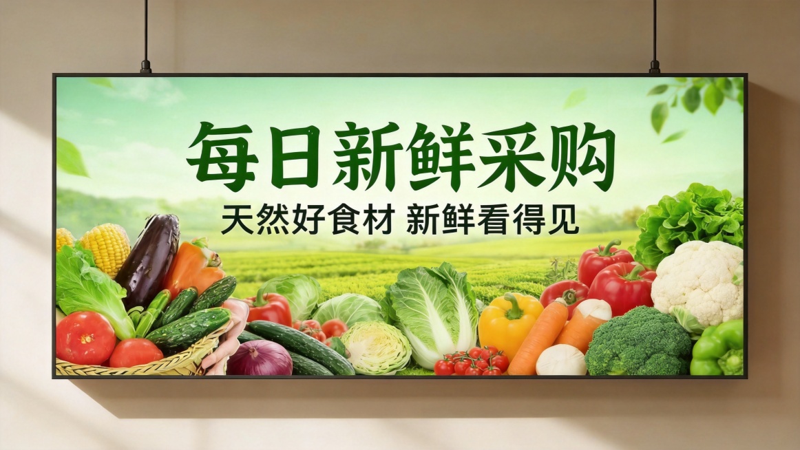 生鲜超市新鲜蔬菜灯箱海报，参考上传图片的排版风格和绿色为主的配色，使用自然田园背景，展示多种新鲜蔬菜，主标题“每日新鲜采购”，副标题“天然好食材 新鲜看得见”，整体风格清新自然适合餐饮店悬挂，文字清晰预览效果