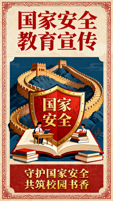 创意国家安全教育宣传长图海报，采用国潮插画风格，用书本、长城、盾牌结合象征守护国家安全，融入校园书香元素，整体富有设计感，配色大气醒目预览效果