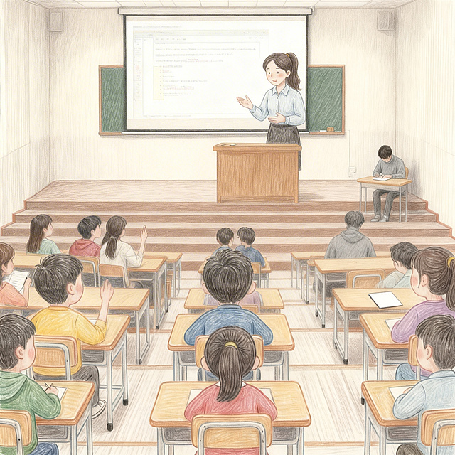 修改为大学专业课阶梯教室全景，投影幕布上放着专业课件，老师在讲台上梳理知识点，前排同学低头记笔记、偶尔举手提问，中间的学生小声交流课题。主角坐在最后一排靠墙角的位置，全程低头看着桌面，不看课件，不参与互动，也不和左右同学搭话，桌上只摆着一本空白笔记本，像个透明的旁听者，全身灰色，彻底融入背景，没人主动靠近。除老师外所有人物都将外观改为20岁大学生形象，保持彩铅手绘风格，去除右下角水印