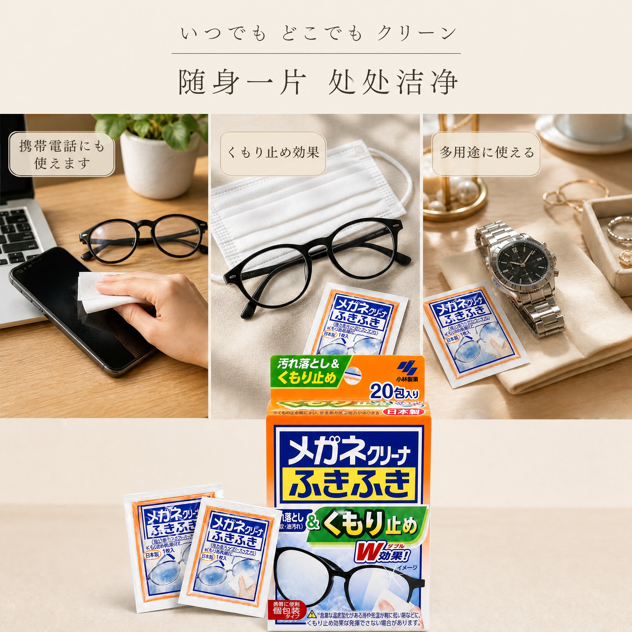 1:1方版电商主图，日本小林制药眼镜清洁湿巾，主图4 多场景使… - 图片创意预览