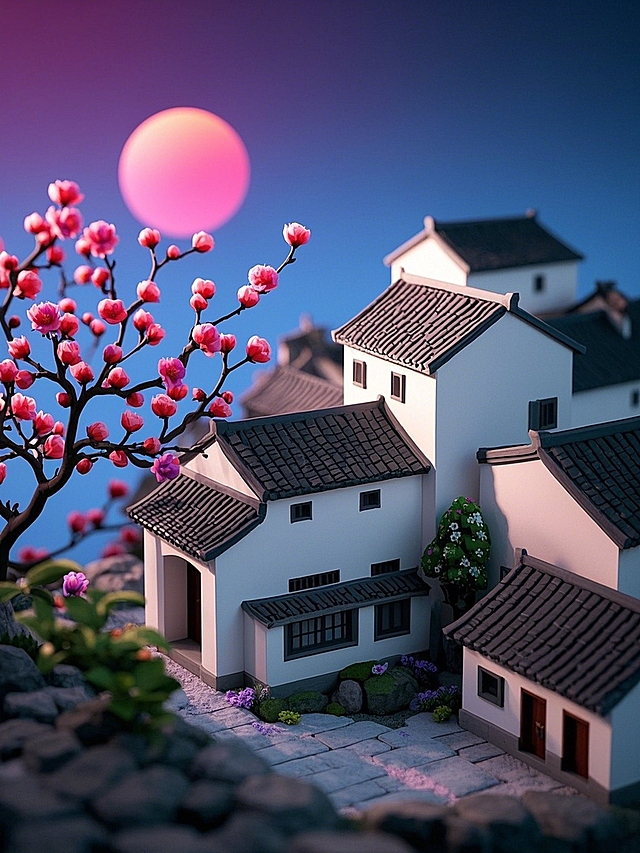 中式古典建筑，微缩艺术风，梦幻樱花点缀，水墨意境，夕阳映衬，尽显古韵之美。