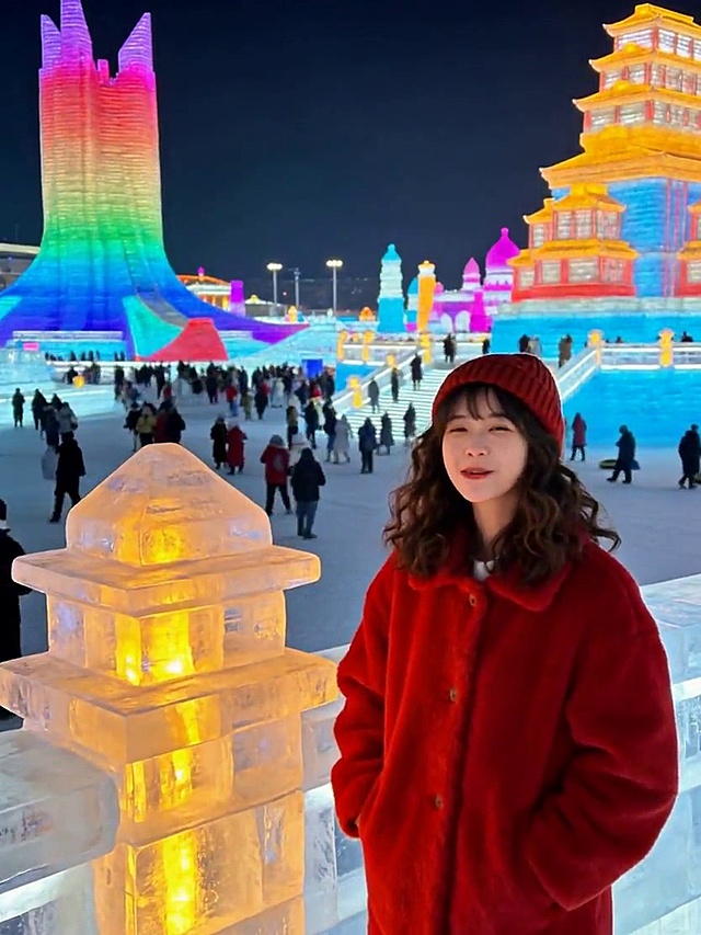画面里的这个女生在面向镜头，背景是哈尔滨冰雪大世界，她站在彩灯冰雕旁边，身后有许多巨大冰雕和热闹的人群，女生用东北话热情祝福：「马年到啦！我在哈尔滨冰雪大世界祝你鸿福齐天，啥事儿都顺溜溜的！祝大伙儿身体贼拉棒，吃啥啥香」，镜头慢慢推远，整体画面年味浓郁、氛围感拉满，光影温暖喜庆，适配春节新春氛围。
