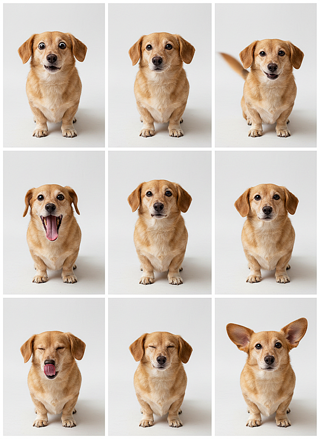 可爱小狗九宫格，清新卡通风格，拟人表情生动有趣。