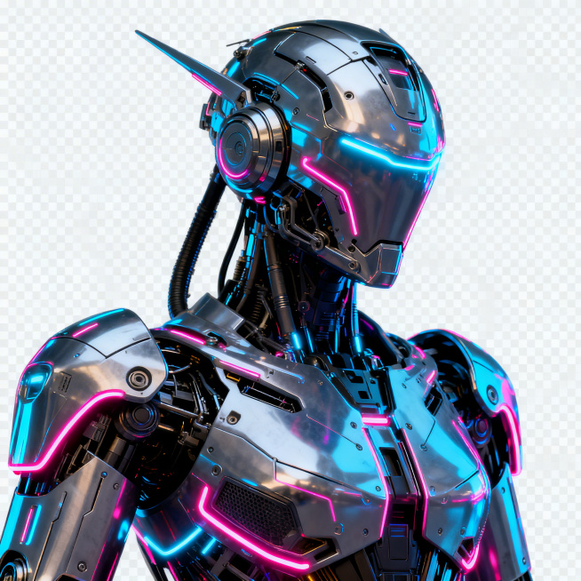 赛博朋克风格机甲，未来科技感金属机身，霓虹光效点缀，线条硬朗，造型酷炫，背景为透明预览效果