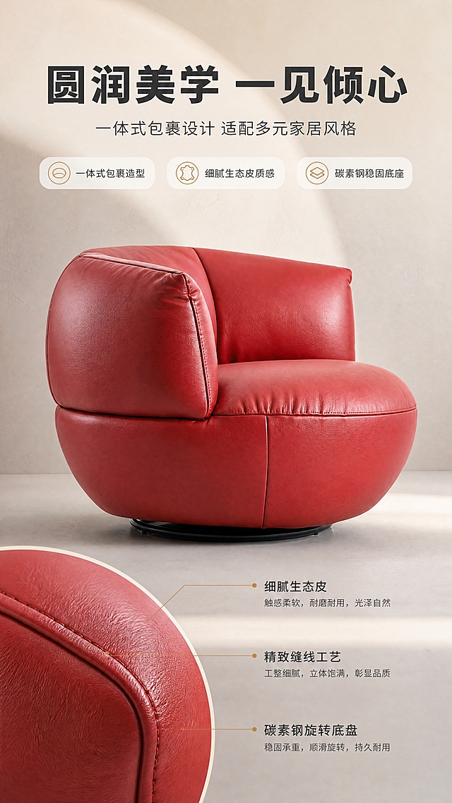 [商品] 使用【图1】D2503红色生态皮休闲椅；保留圆润一体式造型、生态皮面料质感、碳素钢黑色底框、旋转转盘、红色皮革颜色、缝线细节；商品处理：增强皮革纹理与光泽，强化缝线立体感，不改变产品结构。
[画面] 目标：设计美学页，讲述圆润造型设计与材质碰撞之美。上文下景构图，顶部约1/4为文案区，下方3/4为产品特写场景。休闲椅45°侧视，产品占画面约65%，放置在浅灰色艺术质感背景前。左侧局部特写皮革纹理与缝线细节，形成大小对比。背景有柔和光影渐变，突出产品轮廓线条。
[视觉] 套系策略：风格=现代轻奢家居商业摄影；标题字=思源黑体粗体；正文字=思源黑体常规；主色=砖红+米白；背景延展=基于米白做深浅层级、同色渐变和细腻墙面/织物质感；强调色=暖金色，仅用于小面积图标、引线和标签；标题色=深炭灰；正文色=中暖灰；组件=圆角浅底信息卡、细线引线、胶囊卖点框；光影=左前侧暖柔光，柔和阴影。
[文字] 顶部文案区：主标题「圆润美学 一见倾心」（8字），副标题「一体式包裹设计 适配多元家居风格」（14字）。下方配3个设计亮点标签：「一体式包裹造型」「细腻生态皮质感」「碳素钢稳固底座」。文字横向排版，不遮挡产品核心部位。
[规格] 图片比例9:16竖版，4K分辨率，淘宝/天猫详情页适配，中文文案，避免变形、错字、文字过小、冷蓝背景、产品颜色改变、结构失真、极限词。