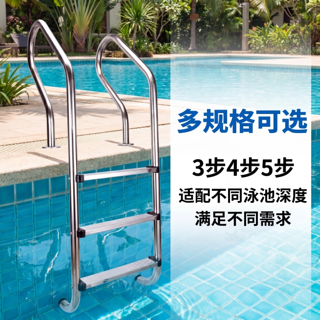 生成淘宝主图展示多规格可选卖点，严格保持泳池扶梯产品细节外观与上传白底图一致，禁止变形重叠错位扭曲，产品占60%文案占40%，淘宝专业摄影，泳池实拍背景，明亮自然光，8K超写实。左侧产品右侧文案：顶部预览效果