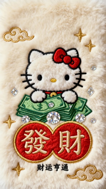 一幅以发财为主题的毛绒质感刺绣壁纸，整体采用米白色毛绒布料为背景，主体是一只Kitty猫，身下绣有钞票、钻石等元素。下方是红色的“發財”二字，采用圆润可爱的字体，非书法体，边缘绣金色的轮廓线。文字周围预览效果