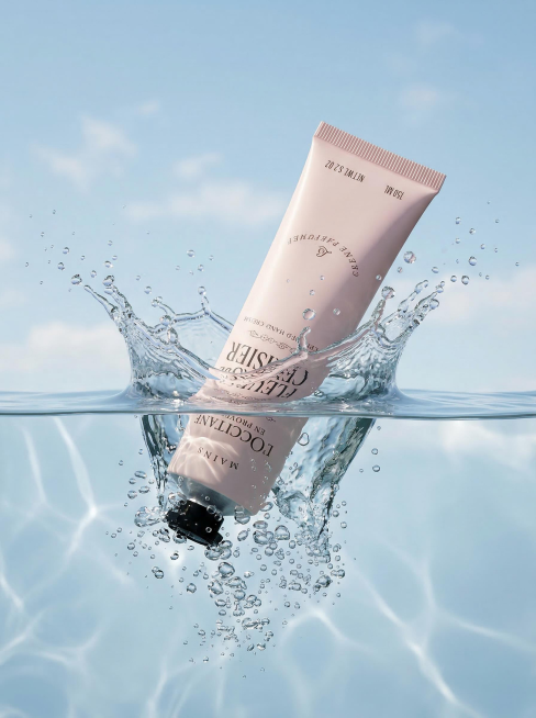图中的护手霜产品掉入水中，一半浸在水中，产品周围有水花四溅，有小气泡生成，产品45度角度倾斜，尺寸不要过大，产品摄影，动态摄影，真实风格，超高细节，简约干净背景，超清晰，超现实主义的梦想风格，浅蓝色天预览效果