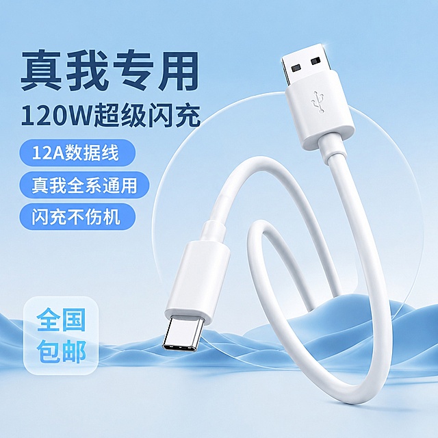 参考https://gdesign-dam-hz.dancf.com/37177144452695086/b2bb015f28e841aeb4432cff4020a825.png图片的蓝色简约清新电商主图风格，将主体替换为https://gdesign-dam-hz.dancf.com/37177152990193841/ac19a180c37c42df9c80fb2bfc3e9c60.jpg图中的USB to Type-C数据线，按照参考图数据线的缠绕方式进行调整排列。文字排版和布局保持参考图结构：最大字号文案为“真我专用”，第二大字号为“120W超级闪充”，蓝底白字文案为“12A数据线 真我全系通用 闪充不伤机”，透明底蓝字文案为“全国包邮”，删除原参考图底部备注小字，去掉左上角REMAX睿量logo，整体保持浅蓝色渐变背景，风格和参考图一致。