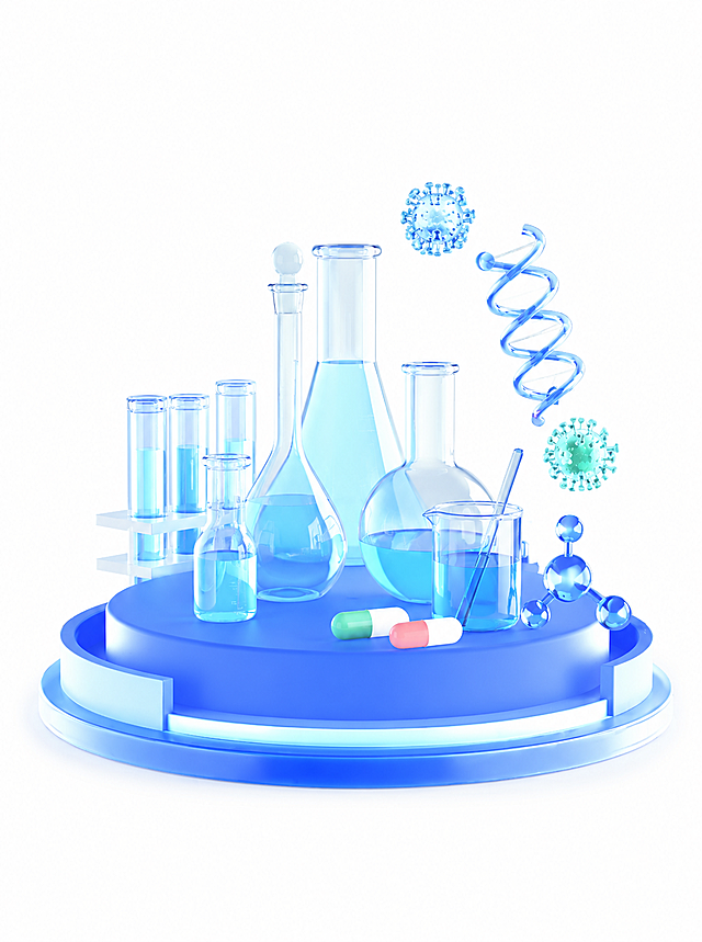 参考原图蓝色半透明3D玻璃科技医疗风格，蓝色圆形展台，保留DNA、病毒分子、胶囊元素，去掉显微镜，全部换成不同类型的化学试剂瓶和玻璃实验容器，浅蓝色渐变透明玻璃质感，白色背景，3D C4D风格