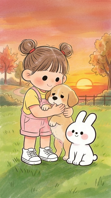 背景改为夕阳下的公园场景，删除所有文字，地面铺满绿草地预览效果