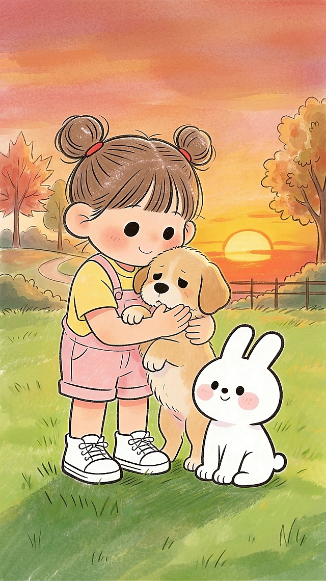 背景改为夕阳下的公园场景，删除所有文字，地面铺满绿草地