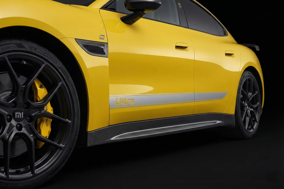 专业质感特写摄影，近距离拍摄小米 SU7 Ultra 的车身侧面碳纤维部件与轮毂细节，严格还原上传参考图的材质与外观：亮黄色车身的高光车漆质感、碳纤维侧裙的哑光编织纹理、黑色运动轮毂的金属磨砂质感、黄预览效果