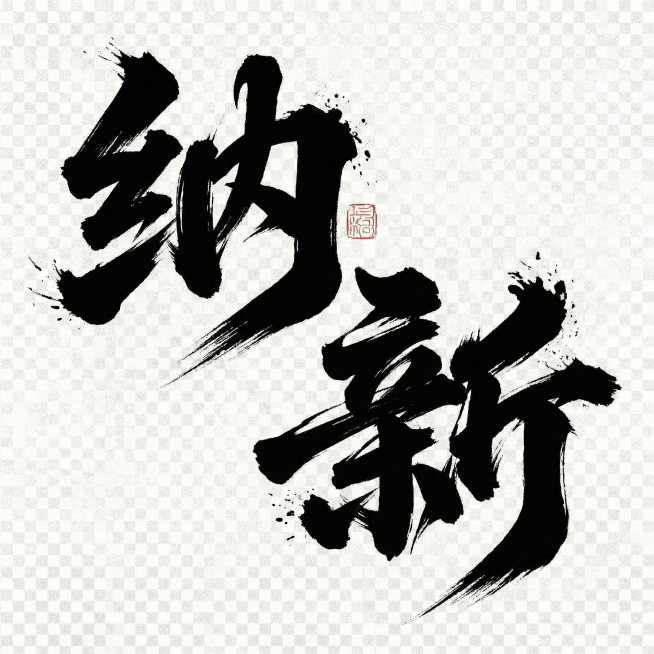 进一步夸张字体风格，让国风手写艺术字“纳新”更具新意，笔画更大胆夸张，保持“纳”左上“新”右下错位布局，保留透明背景预览效果