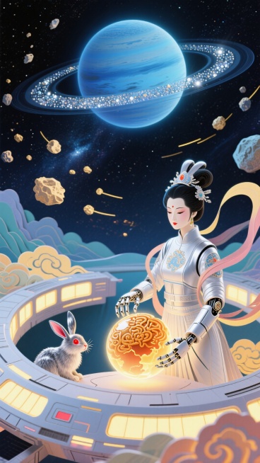 浩瀚外太空背景下，泛着靛蓝辉光的气态巨行星悬于深空，星环如碎钻腰带般环绕星体，无数小行星带着淡金色尾迹在星际间穿梭；行星轨道旁停泊着流线型中国风科幻空间站，舱体印着传统云纹与荧光舷窗，空间站外的环形平预览效果