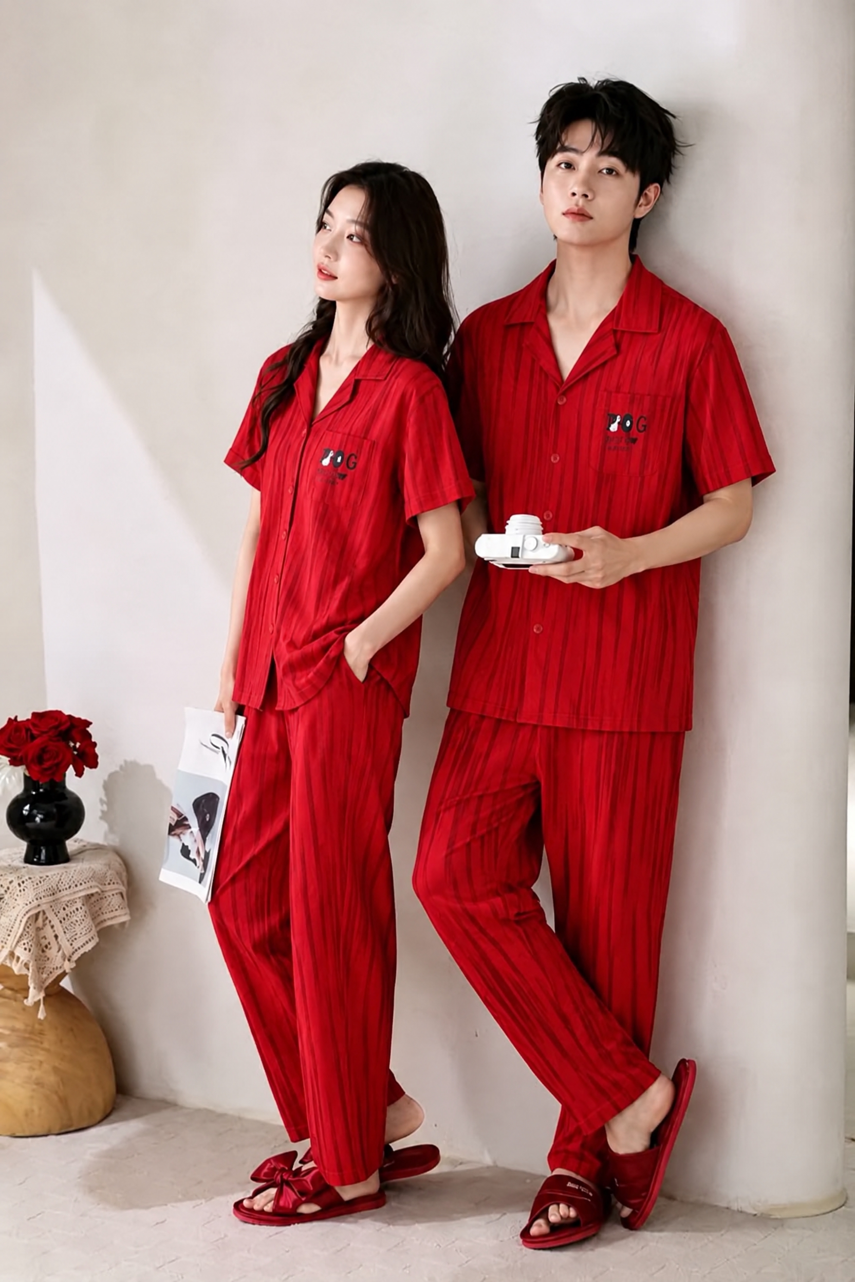 将图中男生和女生的红色睡衣长袖全部改为短袖，保持衣服的红色竖条… - 图片创意预览