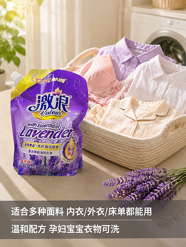 「图片1」生成一套主图（5张），商品名称是激浪薰衣草精油洗衣液，净含量1.5kg，卖点是精油持久留香 2. 薰衣草柔护衣料 3. 日常衣物洁净  4. 花香温和亲肤 ，突出商品卖点，规格是1.5kg袋装陈列设计，并配有清洗衣物后衣物干净留香，不能出现平台官方违规词，结合电商爆款主图边框设计，吸睛力超强，用户看到要点击的感觉，适配电商平台，主图比例为3:4