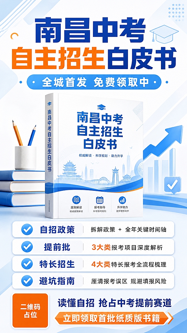 南昌中考自主招生白皮书海报，9:16竖版比例，4K分辨率。清爽浅蓝商务风格，白底+浅蓝渐变背景，天蓝主色+橙色点缀，清新明快专业，与参考图的深红金高端风格完全不同。

【顶部主标题区】
主标题超大粗体字：「南昌中考自主招生白皮书」，深蓝色大字体，字号最大，清晰醒目，部分关键词用橙色高亮。
副标题标签：「全城首发 免费领取中」，天蓝色圆角标签，清新活泼。

【中部书籍主视觉区】
画面中央是一本白皮书封面3D展示，书名为「南昌中考自主招生白皮书」，白色/浅蓝色封面，蓝色书名，简洁专业，书脊和书页细节清晰，干净清爽。

【下方四大核心内容区】
四个卖点竖排，每个前配蓝色对勾图标，白底圆角卡片，浅蓝色标题栏：
✅「自招政策」 拆解政策 + 全年关键时间轴
✅「提前批」 3大类报考项目深度解析
✅「特长招生」 4大类特长报考全流程梳理
✅「避坑指南」 厘清报考误区 规避填报风险
每条卖点标题加粗，内容清晰易读。

【底部二维码领取区】
底部有二维码占位符（纯色方块+中央标注「二维码占位」文字），旁边文字：
「读懂自招 抢占中考提前赛道」
「立即领取首批纸质版书籍」

装饰元素：几何线条、简约图标、书本/铅笔元素，干净利落现代感强。

画面中所有数字必须精确渲染：「3大类」「4大类」，不得错位、遗漏或编造。
画面中所有二维码区域使用纯色方块占位符呈现，方块中央标注"二维码占位"文字，严禁生成任何可识别的二维码图案。
画面中所有信息区域、卡片必须填充完整合理的内容，不得出现空白框、空白占位、横线待填写区域，确保是完整可用的成品海报。
版式精美，层级分明，四周留安全边距，文字清晰可读。
