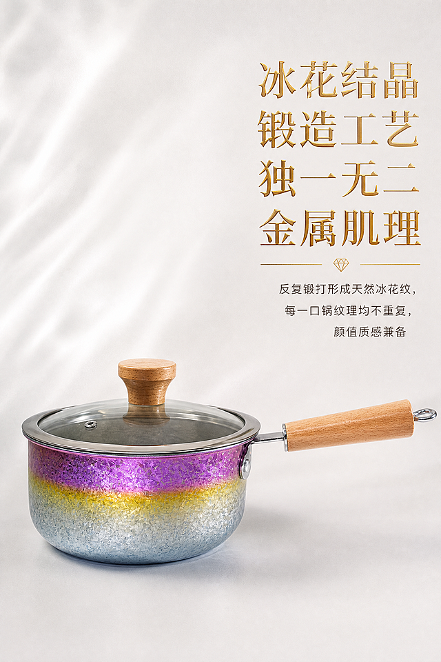 2:3 竖屏，质感肌理风，右对齐强调排版，干净浅灰白色背景；画面左侧摆放幻彩渐变纯钛雪平锅全景，特写锅身渐变冰花纹理，右侧文字板块；主标题【冰花结晶锻造工艺 独一无二金属肌理】右对齐，鎏金烫金质感文字效果；副标题【反复锻打形成天然冰花纹，每一口锅纹理均不重复，颜值质感兼备】；光线侧打凸显金属晶体反光，弱化多余环境元素，极简留白，格调雅致，高端厨具视觉，8K 高清静物摄影。严格还原上传的产品图，包括锅体冰花结晶纹理、渐变炫彩外观、榉木长手柄、透明钢化玻璃盖、锅内纯钛肌理等所有细节，去掉无关背景杂物、人手，产品尺寸比例保持原样，高清8K，商业摄影质感，光影柔和高级，细质轻奢风+鎏金肌理质感，无杂乱元素，色调统一，适合天猫高端厨具类目。负面提示词：人物、手、杂乱背景、涂鸦、赛博朋克元素、颜色失真、纹理模糊、文字堆叠拥挤、塑料反光、过度曝光、水印