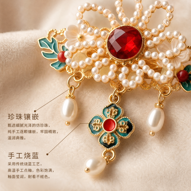 [主图-2] 古风珍珠花朵发夹工艺细节展示图。
[氛围风格] 新中式精致细腻国风质感；
[画质] 微距商业摄影，细节清晰锐利，产品精修干净无脏点。
[元素] 特写展示发夹珍珠镶嵌和烧蓝工艺部分，保持发预览效果