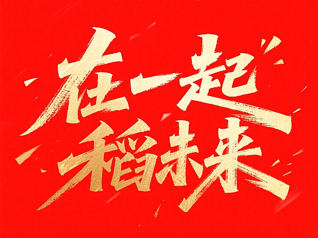 红底鎏金，书法大字风挥洒“在一起 稻未来”，喜庆中式感十足，笔触奔放，寓意共赴美好前景。