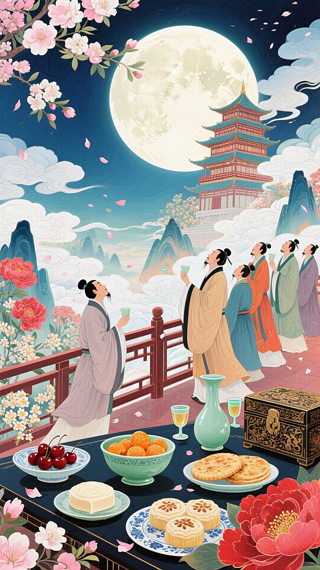 一轮硕大的圆月占据画面近半篇幅，清辉如练，温柔洒落在巍峨的高楼之上。一群身着唐代宽袍长衫的诗人，或凭栏远眺，或执盏而立，皆抬首望向那轮明月，眉宇间带着诗兴与悠然。

高楼的栏杆旁、案几上，错落摆放着各式古雅食馔：瓷碟中盛着酥软的酪樱桃、晶莹的糖蒸酥酪，青瓷碗里卧着蜜饯金橘与桂花糕，还有雕花食盒敞开着，露出层层叠叠的胡麻饼与软香糕。几只精致的酒壶与酒杯置于其间，酒液在月光下泛着温润的光泽，似要与月色