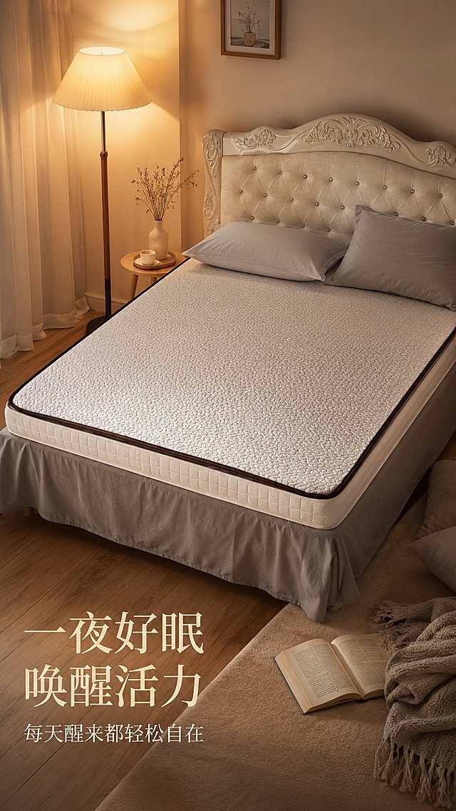 [第6屏] 使用效果-提升睡眠品质氛围表达。本屏使用【图1】作为商品主体。
[氛围/风格] 温馨治愈睡前氛围，柔和暖光，慵懒放松生活感。
[元素布局] 床垫搭配浅灰色床品，背景是暖黄色落地灯，角落放一本摊开的书，营造睡前放松场景；床垫保持原图外观与尺寸，占画面约60%。
[光影质感] 暖黄色侧光，整体氛围柔和朦胧，突出放松慵懒的睡眠氛围，床垫主体清晰。
[配色色系] 全局底色 #faf0e6；主色米白暖黄；辅助色浅灰，整体温暖低饱和配色。
[视角构图] 斜侧全景视角，场景氛围感强，阅读动线自然。
[文字版式] 左下角标题「一夜好眠 唤醒活力」，副标题「每天醒来都轻松自在」，文字柔和不破坏氛围，保持可读性。
[比例分辨率] 9:16 竖版比例，4K分辨率，文字清晰可辨，高清画质。
[负向提示词] 床垫变形，场景杂乱，文字过小，颜色偏差，水印