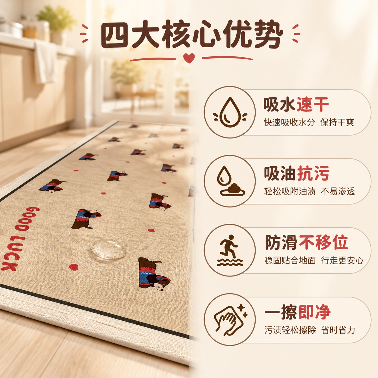 [主图-2] 卖点信息图，结合图标展示地垫四大核心功能卖点。… - 图片创意预览