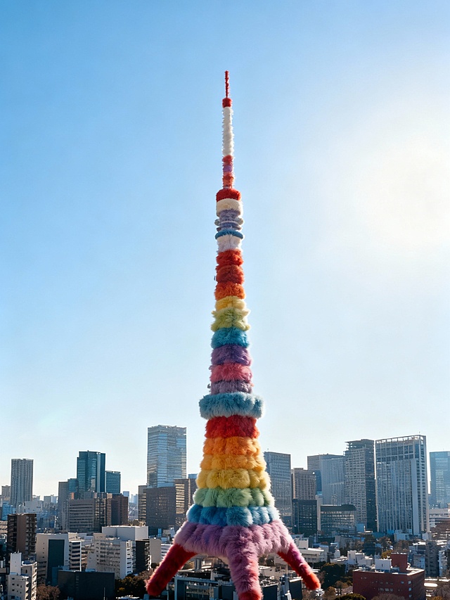 建筑整体呈现出全毛绒质感的风格，毛绒有层次感，毛绒颜色为彩虹色调。建筑保留原始形状，各个部分都如同被柔软的毛绒材质精心包裹，水平矫正