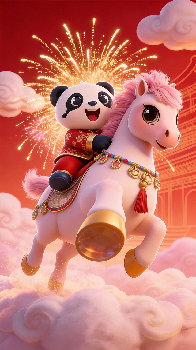 5张连贯分镜图，适配15秒马年新年短片，皮克斯风3D动画整体为喜庆红金粉暖色调:第一张是穿着红色汉服和裤子的熊猫抱着粉色萌马，背景有祥云和古建筑轮廓；
第二张是熊猫骑上马，马蹄大透视特写，准备飞翔的动势，踩着祥云腾空起飞，身后鎏金烟花炸开；
第三张是熊猫与萌马低空飞过挂满红灯笼的古街市，下方是金红龙身、红绸翻飞的热闹舞龙队伍，人情欢腾充满烟火气；
第四张是大透视特写马后踢和熊猫的镜头，熊猫与萌马飞在古运河上空，石拱桥横跨水面，河上漂浮暖黄祈福河灯，水波荡漾古意盎然；
第五张是将小马和熊猫放置在画面中央，采用俯视鱼眼镜头和强烈的仰视透视感，广角拍摄。小马和熊猫可爱萌趣，头很大，背景是微缩广州的景观模型地标景点，包括广州塔，五羊建筑，融创过山车、珠江夜景、现代城市风貌，夜晚，漫天的烟花和祥云和灯笼，动态模糊的红色纸张装饰。