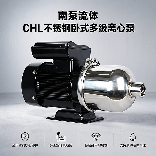 [主图-1] 南泵流体CHL不锈钢卧式多级离心泵产品首图。
[氛围风格] 专业工业风，突出产品品质与专业感；
[画质] 商业摄影质感、光线通透、产品清晰真实、画面干净高级；
[元素] 泵产品完整居中展示，主体占比约70%，保持产品外观、物理结构、材质质感、颜色与输入产品图绝对一致，杜绝任何变形和色差，精细化处理。浅灰色工业背景，干净简洁不抢主体。左上角安全区域预留品牌位置。
[光影] 主光源从左前方打亮产品主体，金属表面高光清晰，黑色电机部分层次分明，边缘轮廓突出；背景布光均匀，无死黑和过曝区域。
[配色] 主色调为产品本身的不锈钢银色和黑色电机配色，背景浅灰色，文字使用深灰色，保持专业沉稳工业风。
[视角构图] 平视45°斜侧视角，产品完整展示，景深适中，主体突出。
[文字版式] 顶部大字主文案“南泵流体 CHL不锈钢卧式多级离心泵”，黑色粗体无衬线字体，居中排列；底部通栏均分四列，每列一个卖点短句：「全不锈钢核心部件」「多工业场景适用」「稳定耐用耐腐蚀」「支持多种液体输送」，左对齐文字，文字清晰不遮挡产品。
[输出要求] 1:1比例，文字清晰可辨，超高清商业摄影质感；
[负向提示词] 变形，文字错乱，产品模糊，背景杂乱，水印，电商平台Logo，价格信息