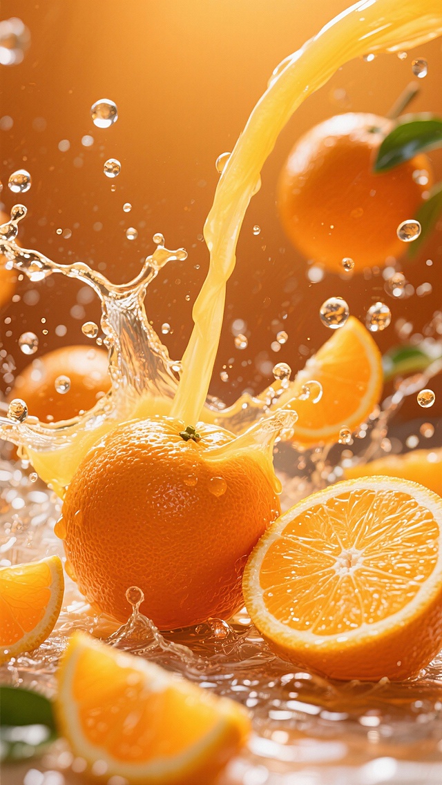 一张以橙汁为背景的海报设计，画面中充满了新鲜多汁的橙子，有完整的橙子、被切成两半的橙子和切成薄片的橙片，橙子的橙色鲜艳饱满，表面光滑且带有自然的纹理。橙汁从橙子中飞溅而出，形成晶莹剔透的水花和水珠，水花在空中呈现出动态的形态，水珠在光线的照射下闪闪发光，充满了活力和动感。整体色调以明亮的橙色为主，营造出清新、清爽、充满活力的氛围，让人感受到橙汁的新鲜和美味。