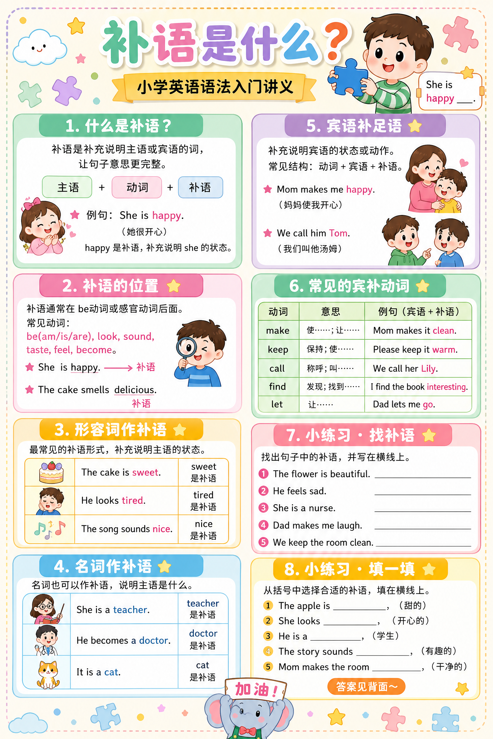 A4竖版英语语法讲义，主题是「补语是什么」，面向小学生。整体采… - 图片创意预览
