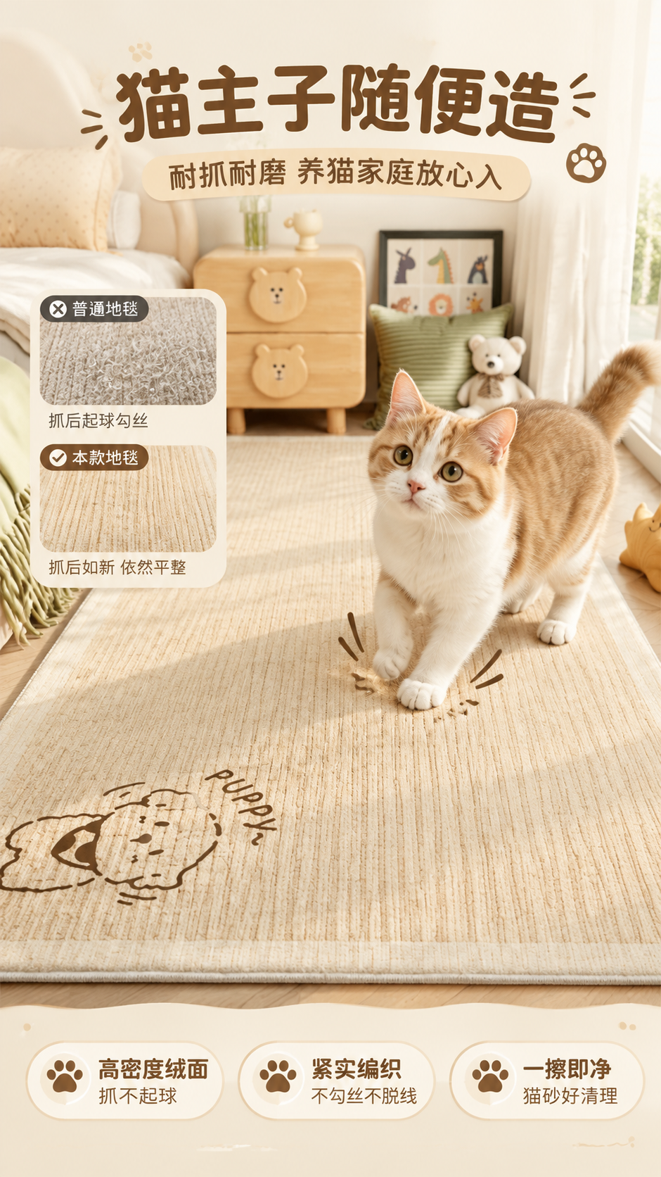 [商品] 使用【图1】米杏色天鹅绒床边地毯；保留地毯的长方形尺… - 图片创意预览